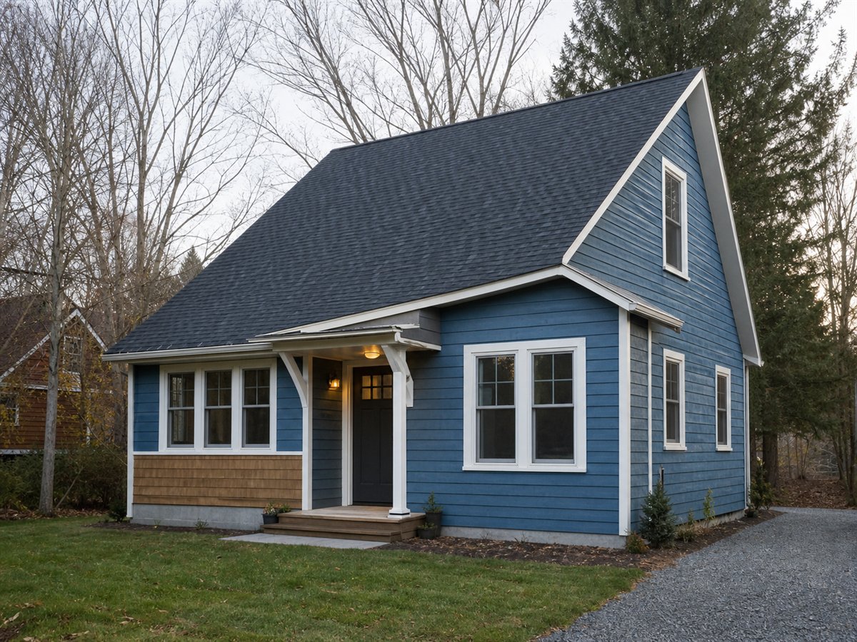 Harbor Saltbox 977, a conceptual 977-square-foot small saltbox cottage with a $159,625 construction target