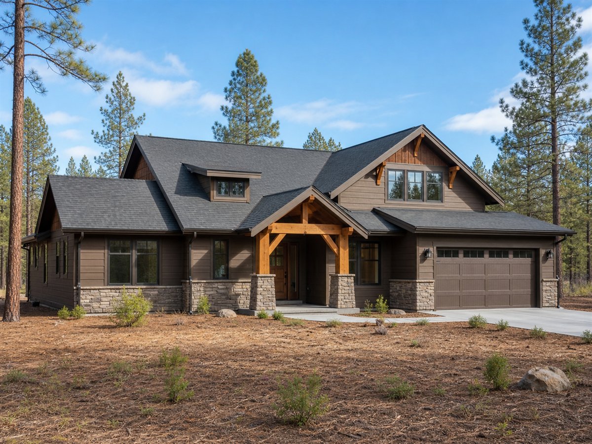 Pine Hollow Lodge 1895, a conceptual 1895-square-foot lodge-inspired Craftsman family home with a $336,250 construction target