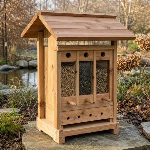 Covered Winter Bird-Feeding Station With Seed Bins