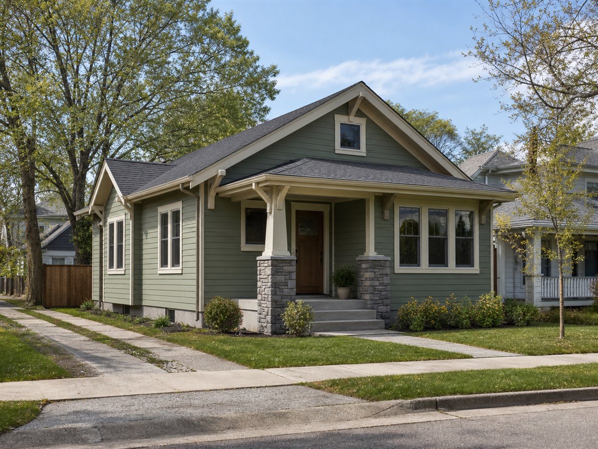Oakstep Bungalow 979, a conceptual 979-square-foot small Craftsman bungalow with a $161,625 construction target