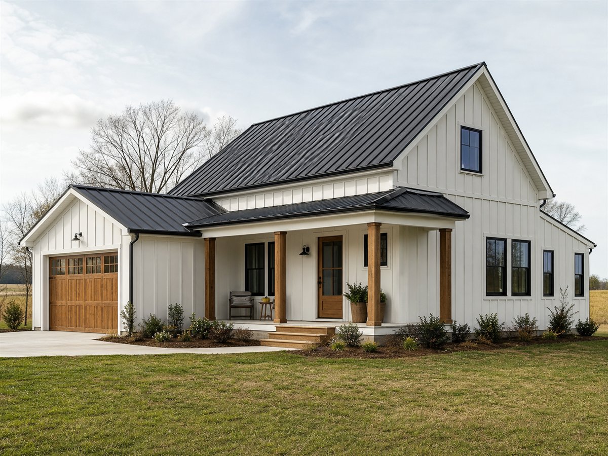 Meadowline Cottage 1011, a conceptual 1011-square-foot small board-and-batten farmhouse with a $162,625 construction target