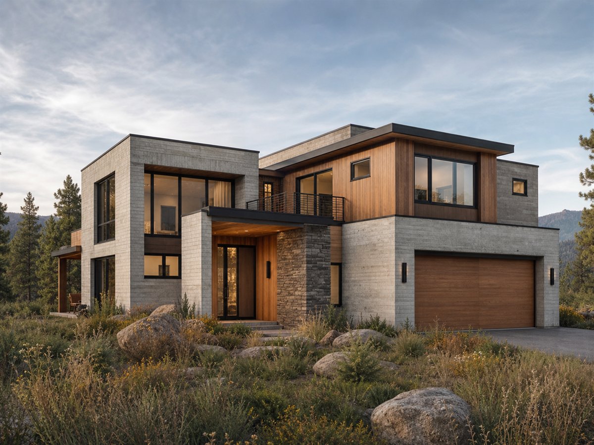Hearth Concrete House 2855, a conceptual 2855-square-foot soft-Brutalist luxury home with a $596,250 construction target