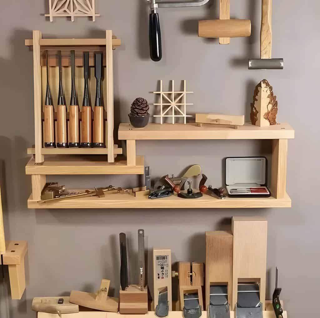 Wall-mounted wooden organizer holding hand tools