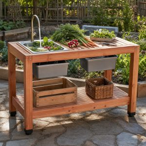 Cedar Vegetable Washing Table With a Slatted Drain Top
