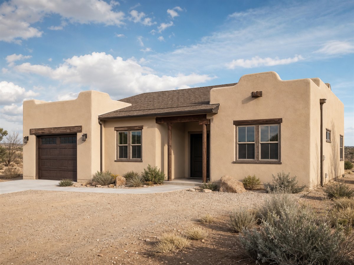 Adobe Hearth 1016, a conceptual 1016-square-foot adobe-inspired small cottage with a $166,625 construction target