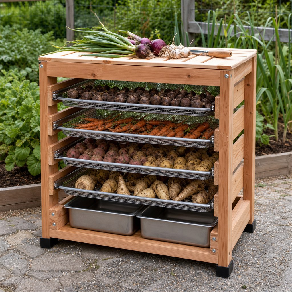 Root-Crop Curing Rack With Sliding Mesh Trays