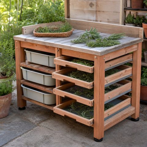 Herb-Drying Cabinet With Screened Wooden Drawers