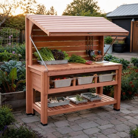 Garden Produce Stand With a Fold-Down Awning