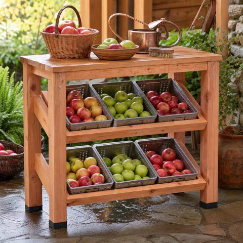 Cedar Apple Storage Rack With Angled Crate Shelves