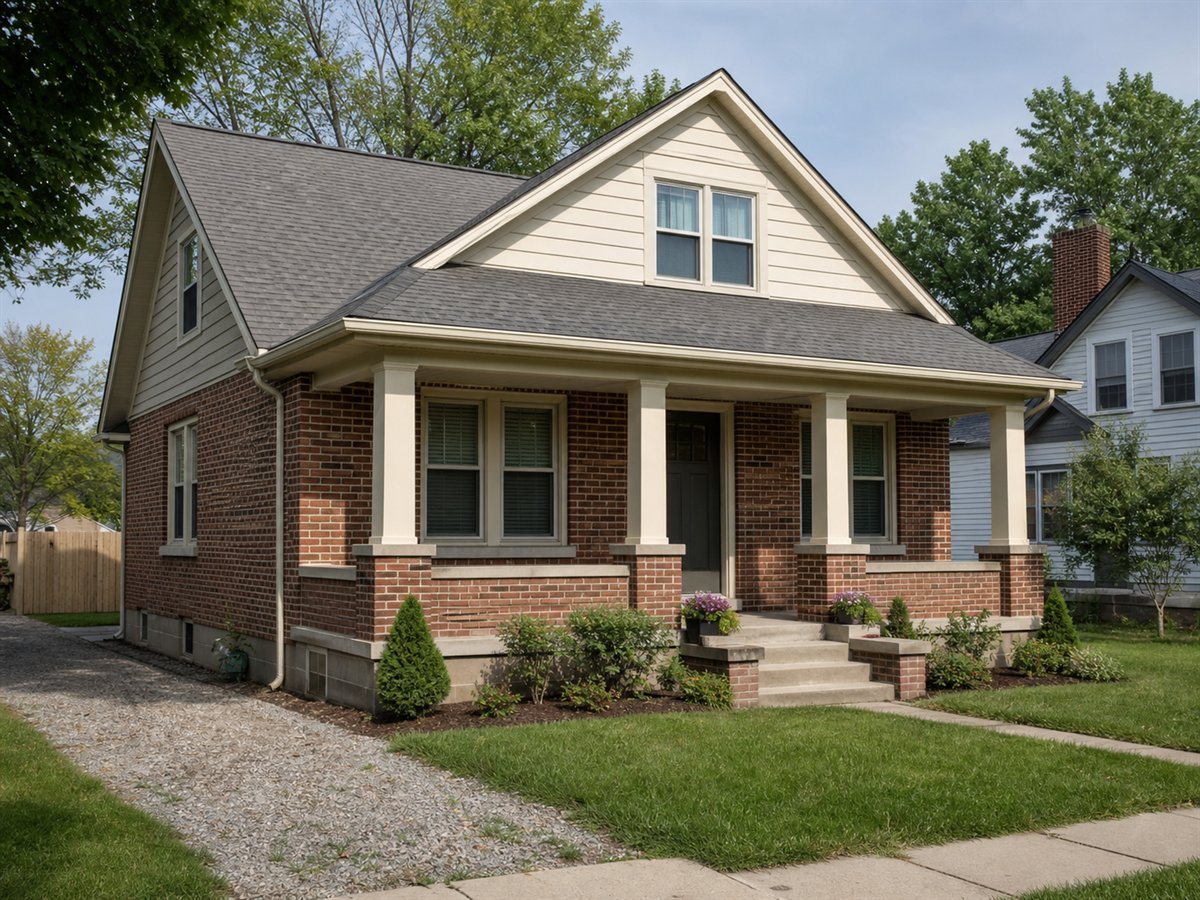 Briar Starter Bungalow 1052, a conceptual 1052-square-foot brick-accent starter bungalow with a $171,625 construction target