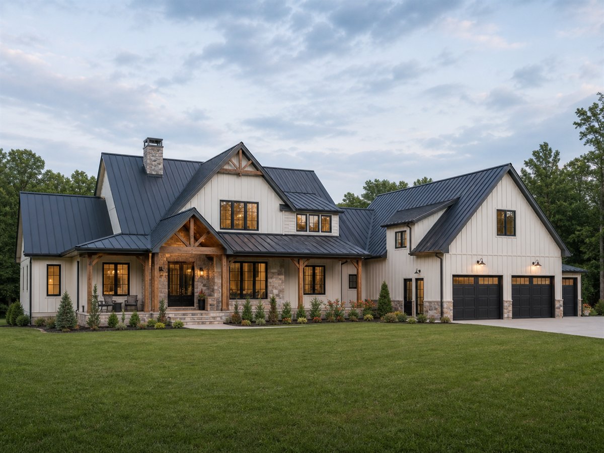 Stonefield Farmhouse 2951, a conceptual 2951-square-foot modern farmhouse estate with a $626,250 construction target