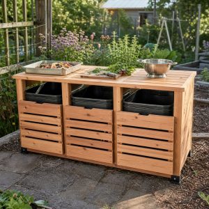 Three-Bin Cedar Compost Station With Removable Front Slats
