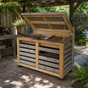 Garden Mulch Bin With a Hinged Rain Cover