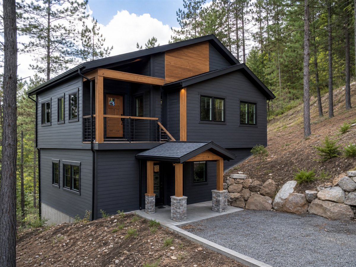 Terrace Cabin 1094, a conceptual 1094-square-foot small hillside cabin with a $181,625 construction target