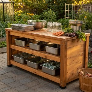 Outdoor Canning-Supply Shelf With Washable Surfaces