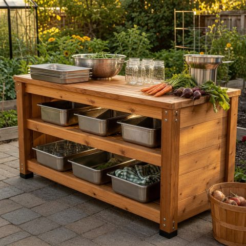 Outdoor Canning-Supply Shelf With Washable Surfaces