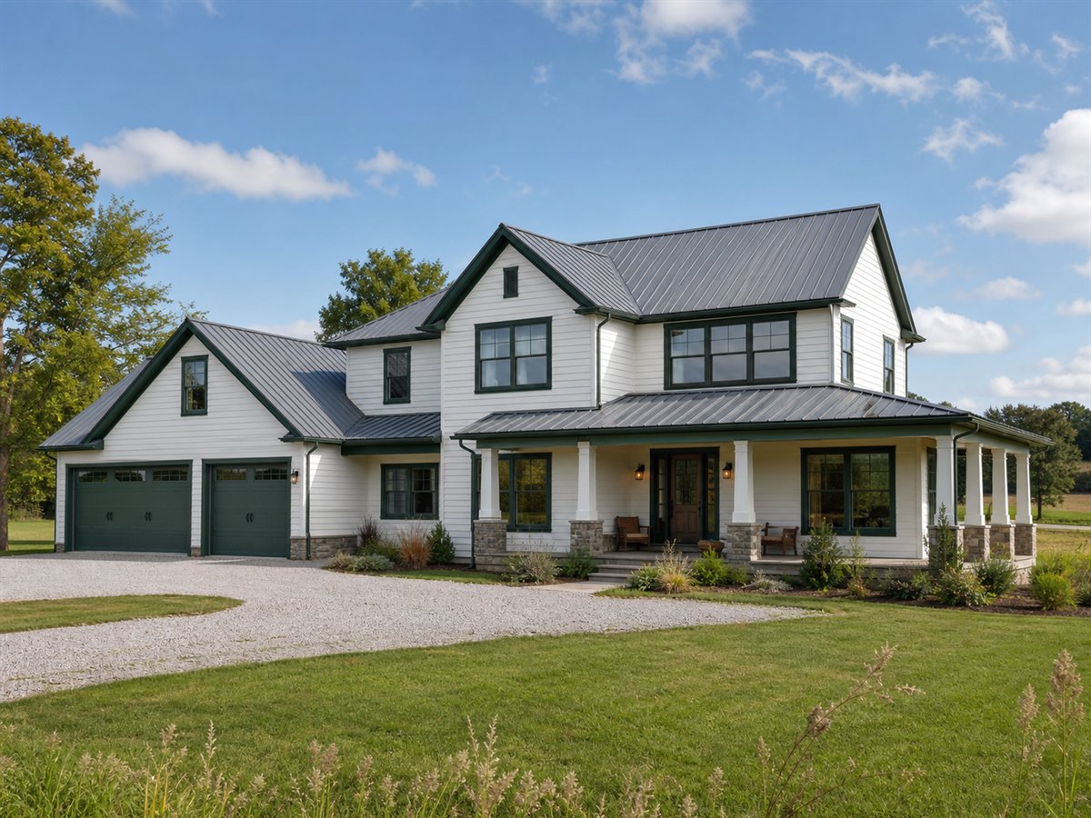 Meadow Lane Farmhouse 2135, a conceptual 2135-square-foot classic American farmhouse with a $396,250 construction target
