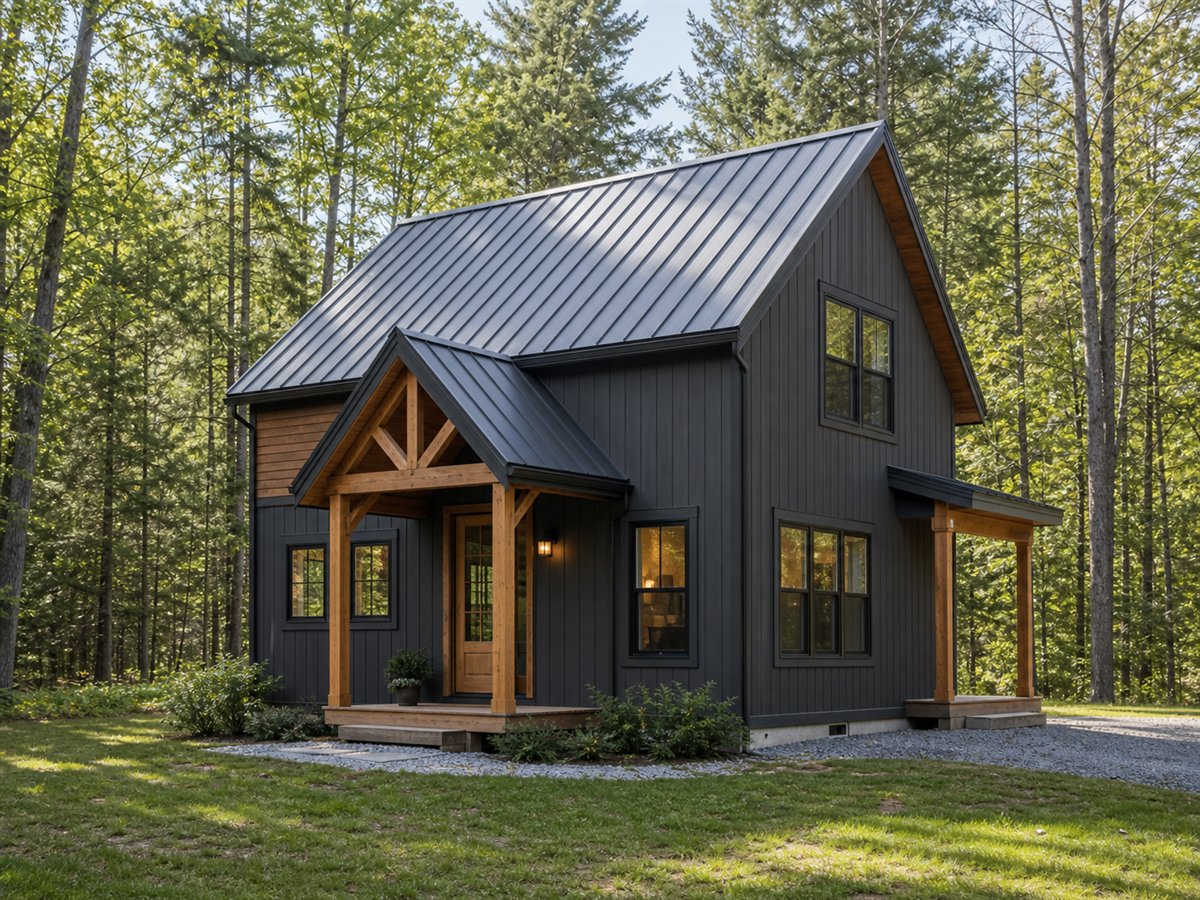 Hemlock Small House 1098, a conceptual 1098-square-foot modern woodland cabin with a $184,625 construction target