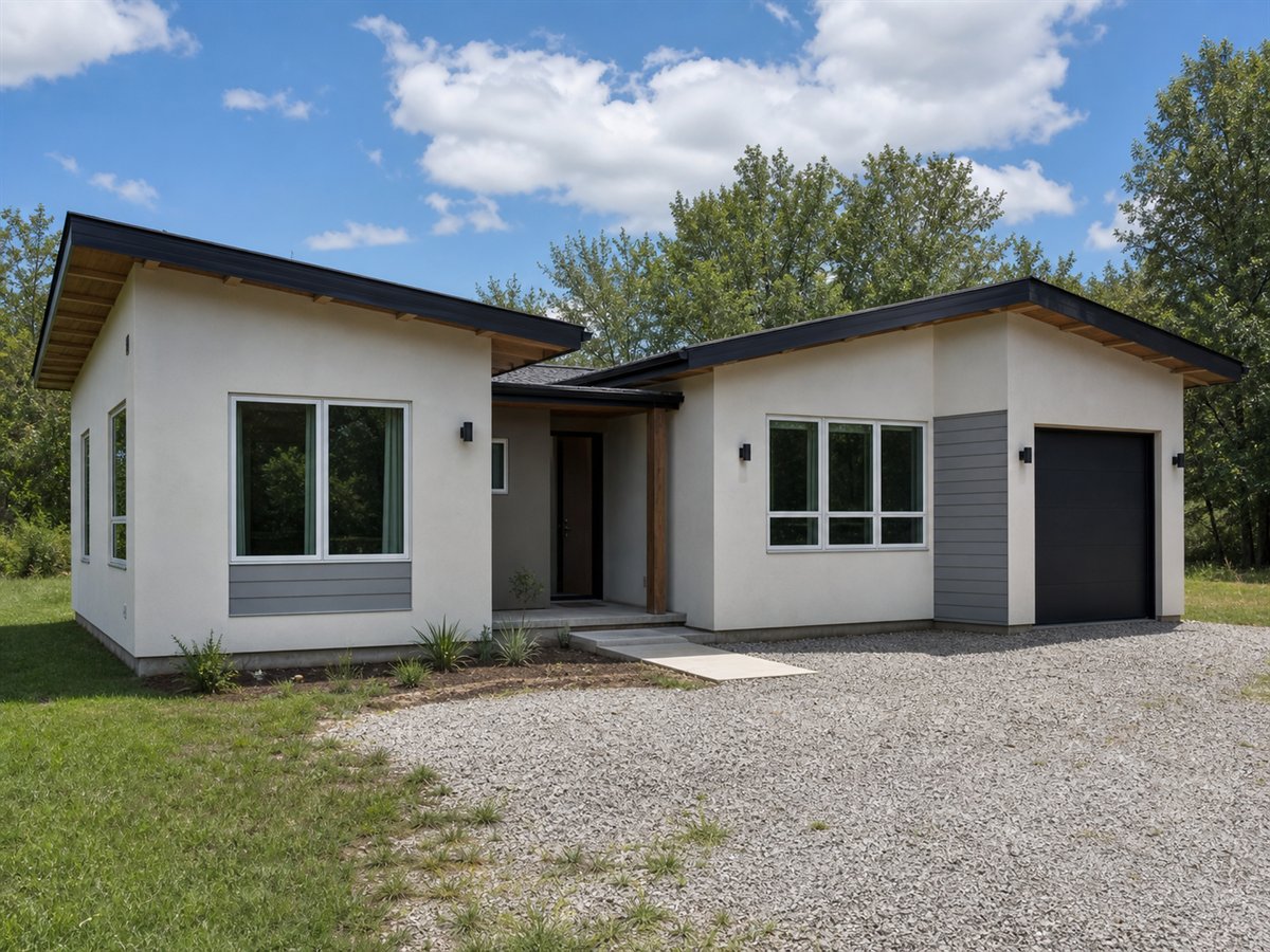 Butterfly Nook 1133, a conceptual 1133-square-foot restrained butterfly-roof cottage with a $188,625 construction target