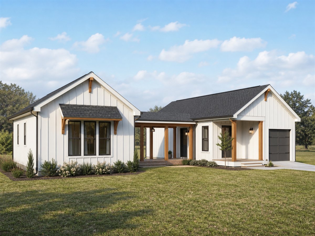 Breezeway Cottage 1134, a conceptual 1134-square-foot dogtrot-inspired small cottage with a $189,625 construction target