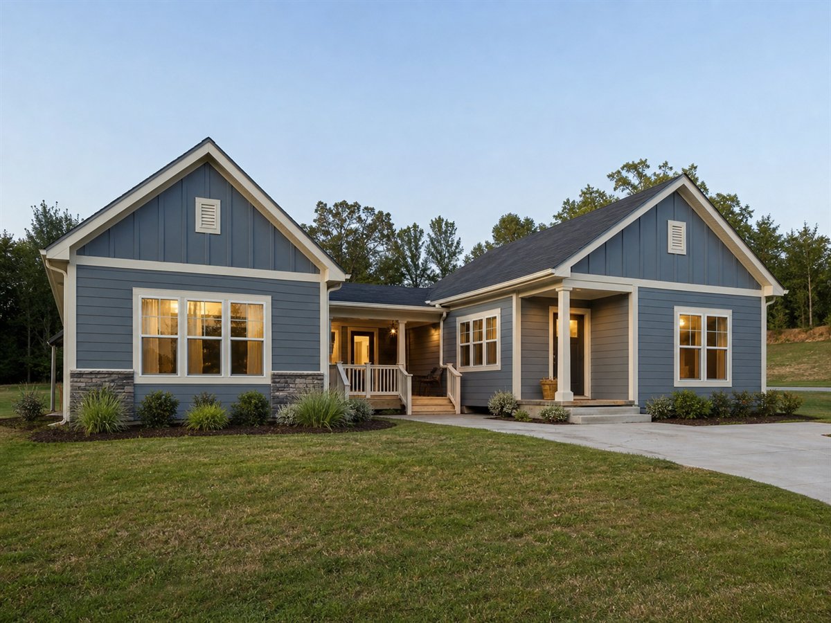Twin Nook House 1136, a conceptual 1136-square-foot connected twin-gable small home with a $190,625 construction target