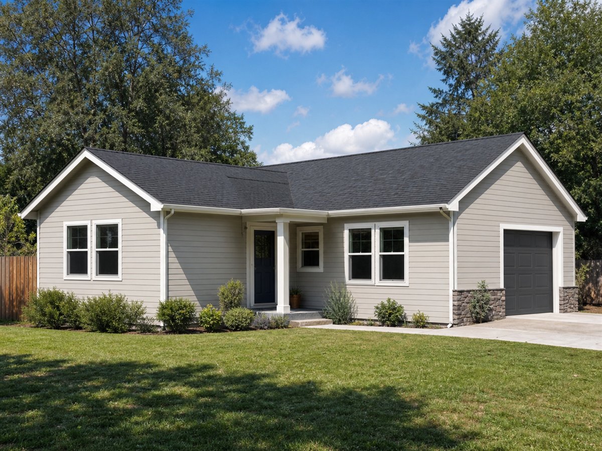 Corner Meadow Ranch 1138, a conceptual 1138-square-foot L-shaped small ranch with a $192,625 construction target