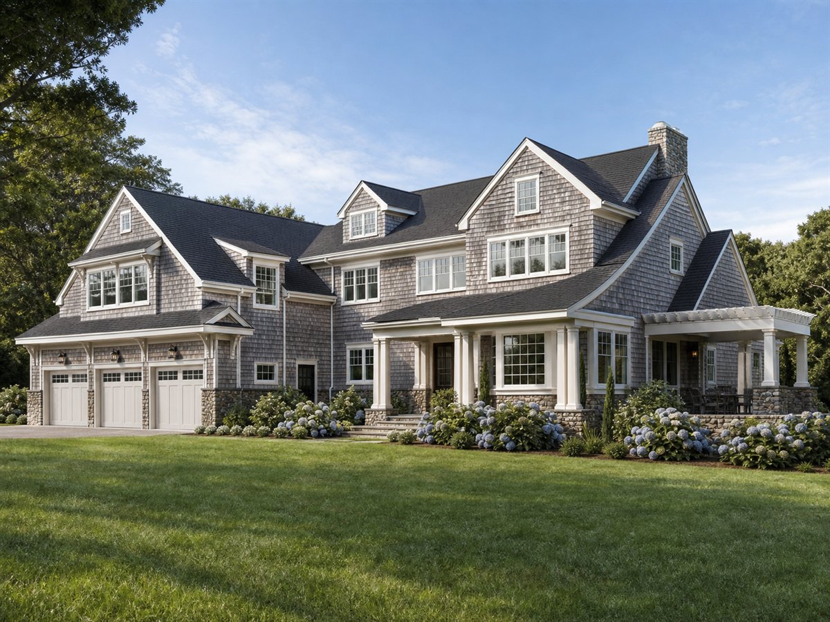 Nantucket Ridge 3127, a conceptual 3127-square-foot New England shingle-style custom home with a $681,250 construction target