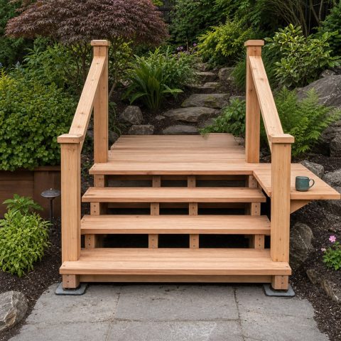 Garden Stair Landing With a Built-In Rest Shelf