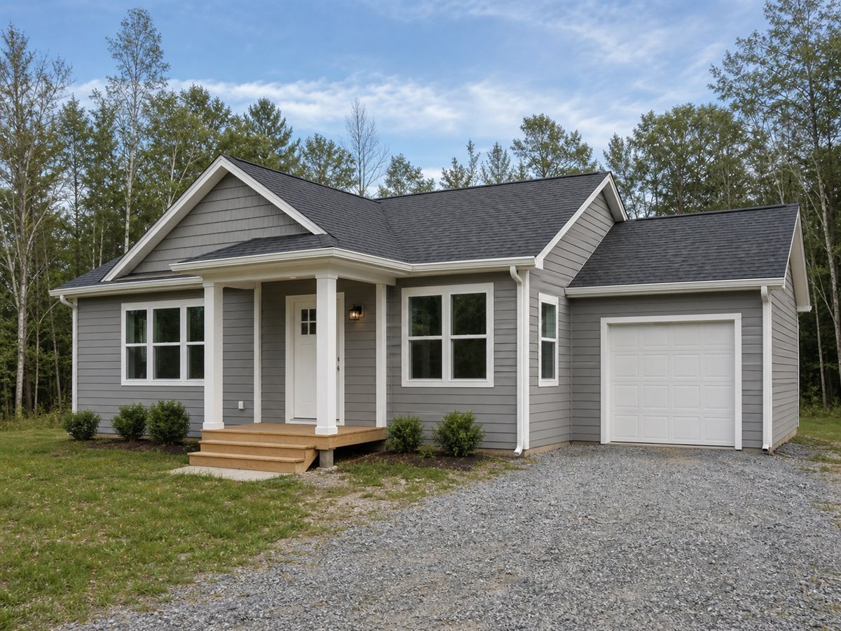 Pine Nook 1178, a conceptual 1178-square-foot tiny gable-roof cottage with a $200,625 construction target