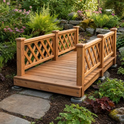 Low Garden Bridge With a Decorative Lattice Rail