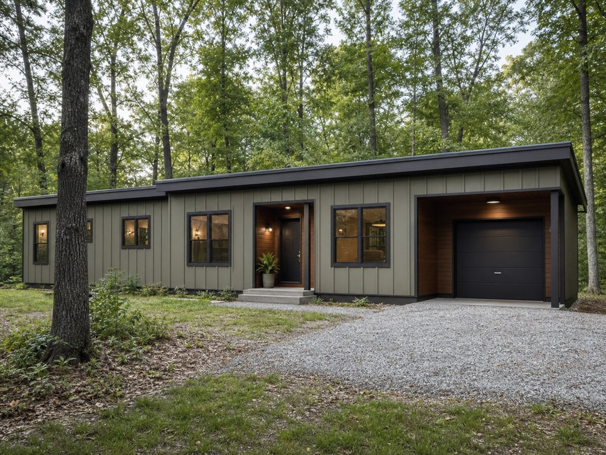 Slope Nest 1179, a conceptual 1179-square-foot shed-roof micro home with a $201,625 construction target