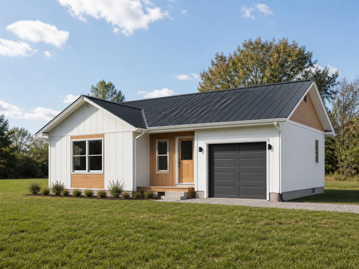 Studio Field 1211, a conceptual 1211-square-foot prefabricated studio cottage with a $202,625 construction target