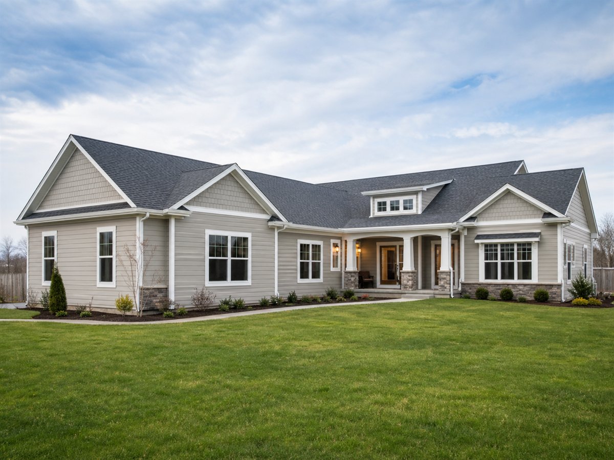 Sidebrook Ranch 2325, a conceptual 2325-square-foot side-entry garage family ranch with a $443,750 construction target
