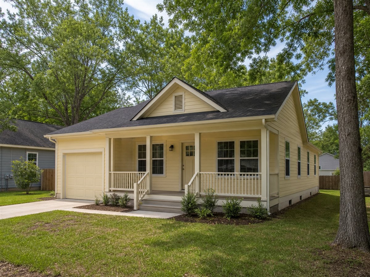 Porchlight Cottage 1214, a conceptual 1214-square-foot front-porch starter cottage with a $205,625 construction target