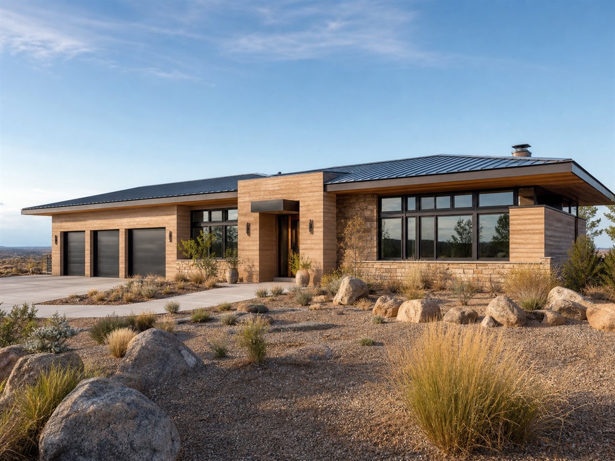 Mesa Earth House 3207, a conceptual 3207-square-foot rammed-earth contemporary custom home with a $706,250 construction target