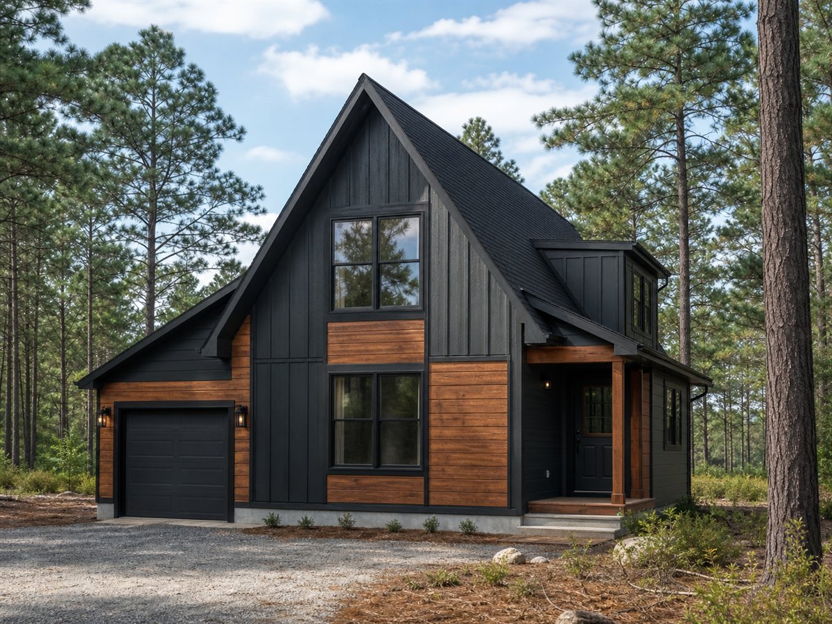 Aspen A-Cottage 1218, a conceptual 1218-square-foot restrained A-frame cottage with a $208,625 construction target