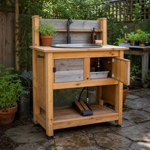 Outdoor Hand-Washing Stand With a Foot-Pump Shelf
