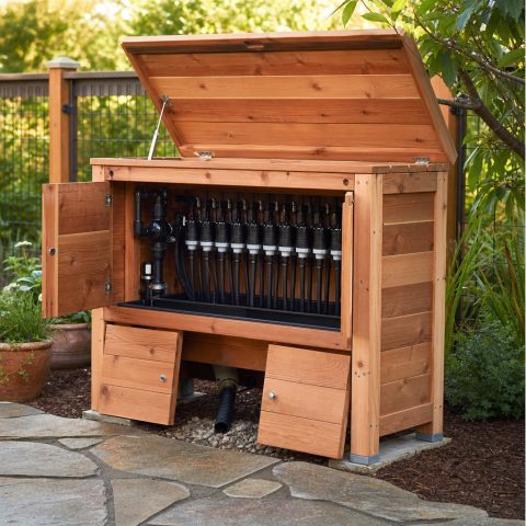 Cedar Drip-Irrigation Control Box With a Hinged Lid