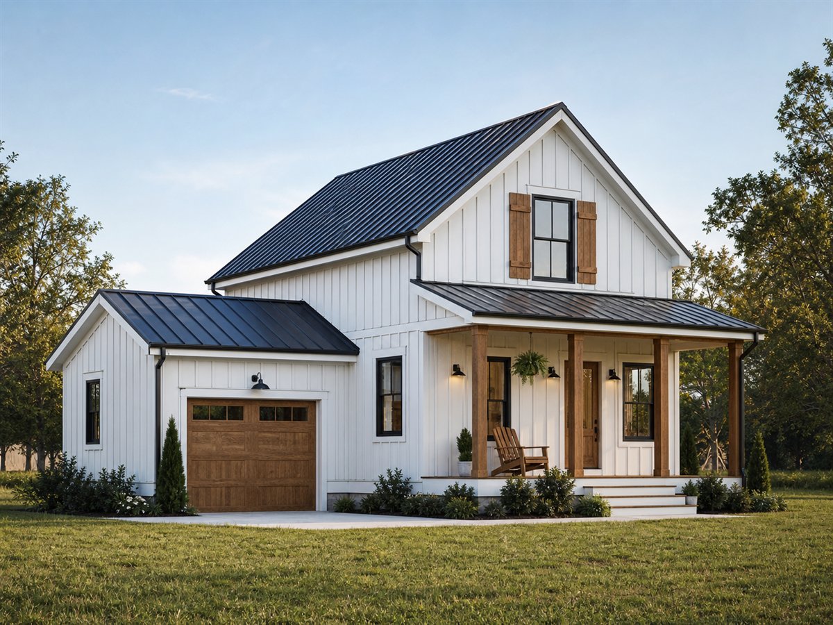 Meadowline Cottage 1253, a conceptual 1253-square-foot small board-and-batten farmhouse with a $212,625 construction target