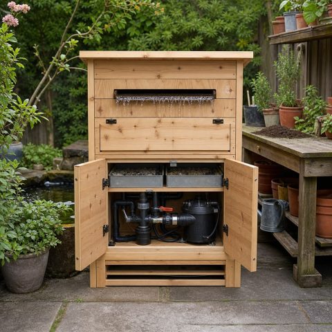 Wooden Pond-Filter Screen With Service Doors