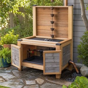Rain-Chain Catch Basin With a Cedar Splash Frame