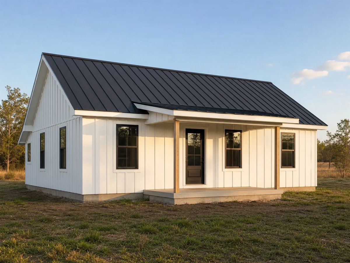 Fieldstone Farm 1240, a conceptual 1240-square-foot compact modern farmhouse with a $213,000 construction target