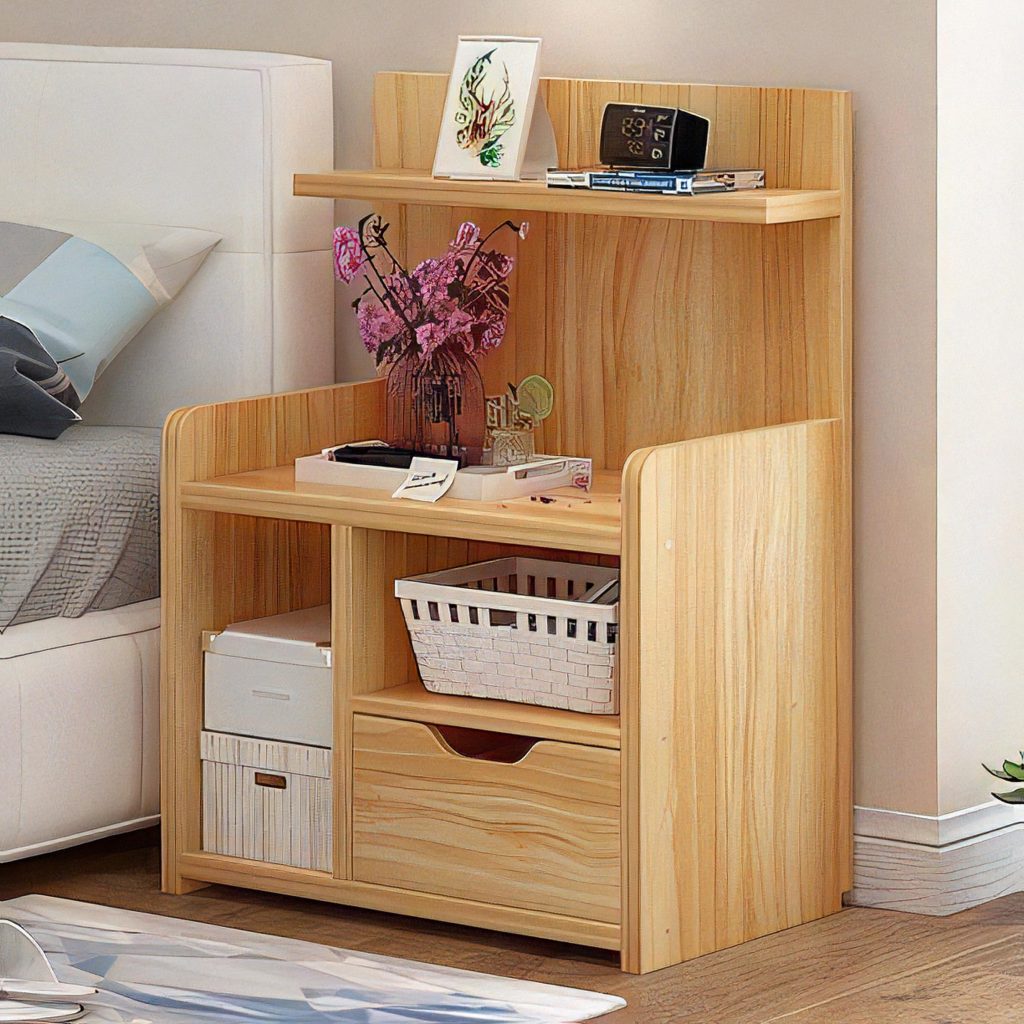 Compact wooden bedroom desk with shelves and cabinet storage