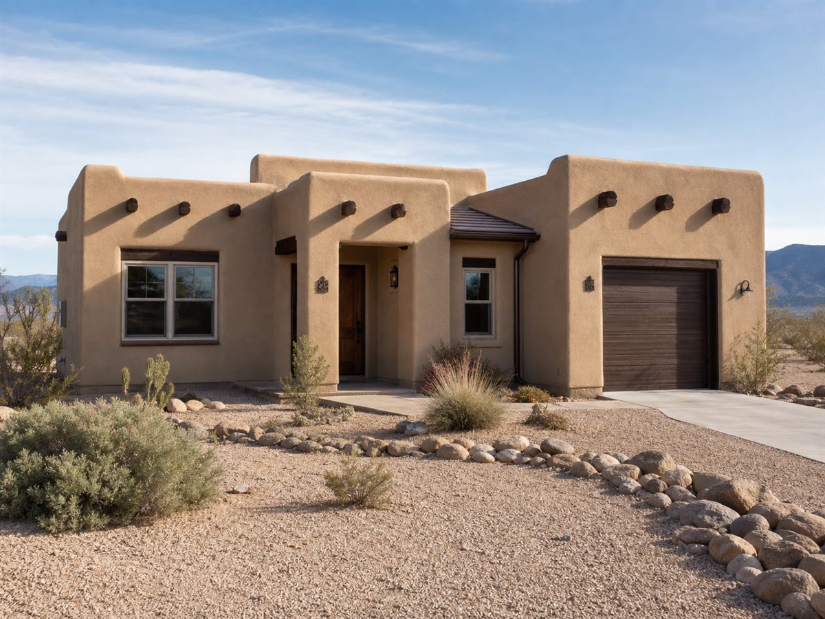 Adobe Hearth 1258, a conceptual 1258-square-foot adobe-inspired small cottage with a $216,625 construction target
