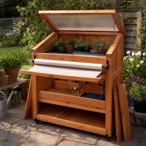 Frost-Cover Storage Bench With a Roll-Out Fabric Bar