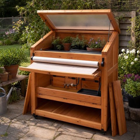 Frost-Cover Storage Bench With a Roll-Out Fabric Bar