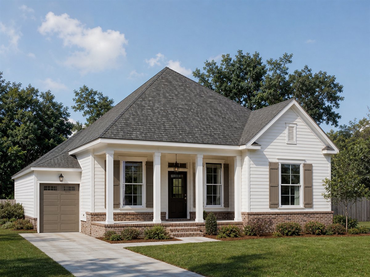 Bayou Field Cottage 1292, a conceptual 1292-square-foot small Acadian cottage with a $219,625 construction target