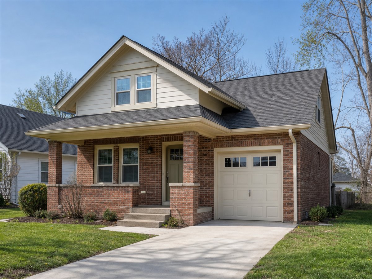 Briar Starter Bungalow 1294, a conceptual 1294-square-foot brick-accent starter bungalow with a $221,625 construction target