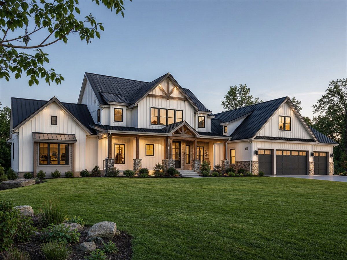 Stonefield Farmhouse 3351, a conceptual 3351-square-foot modern farmhouse estate with a $751,250 construction target