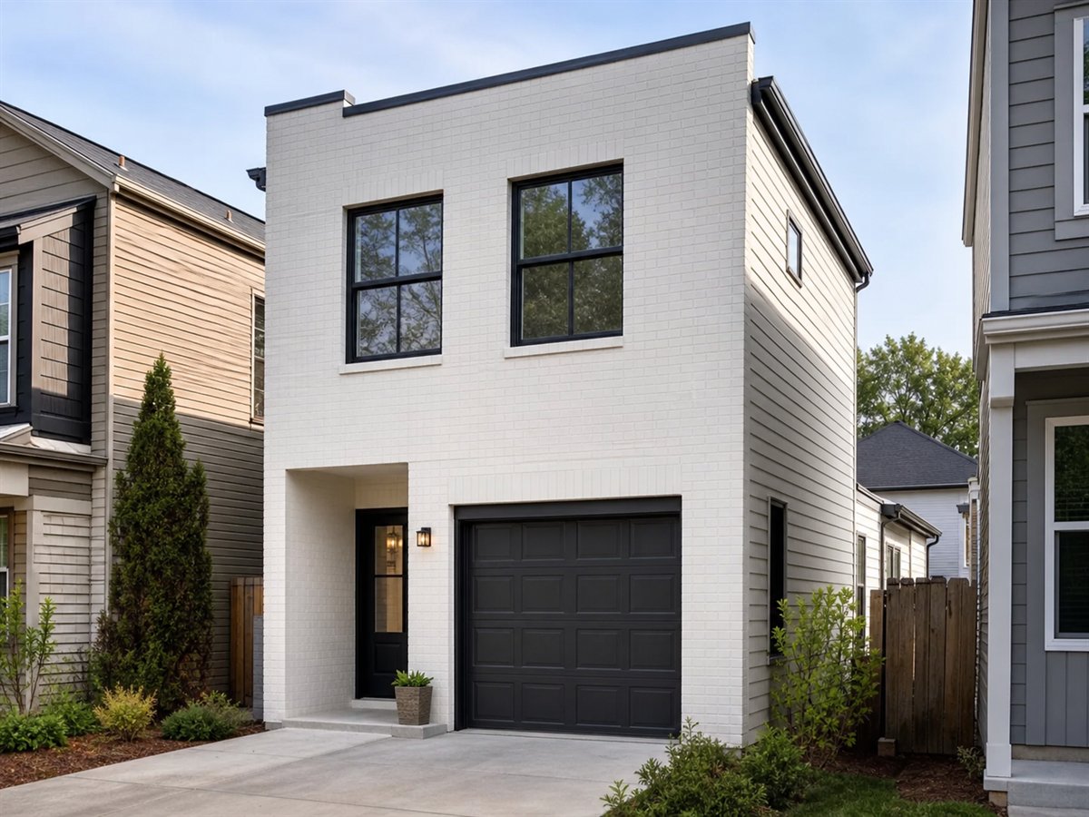 Row Garden House 1332, a conceptual 1332-square-foot rowhouse-inspired detached small home with a $227,625 construction target